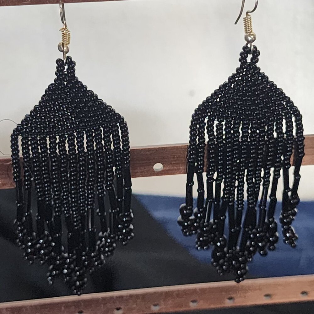 Coal Black Handmade Beaded Chandelier Shepard's Hook Earrings for Pierced Ears - Picture 8 of 16
